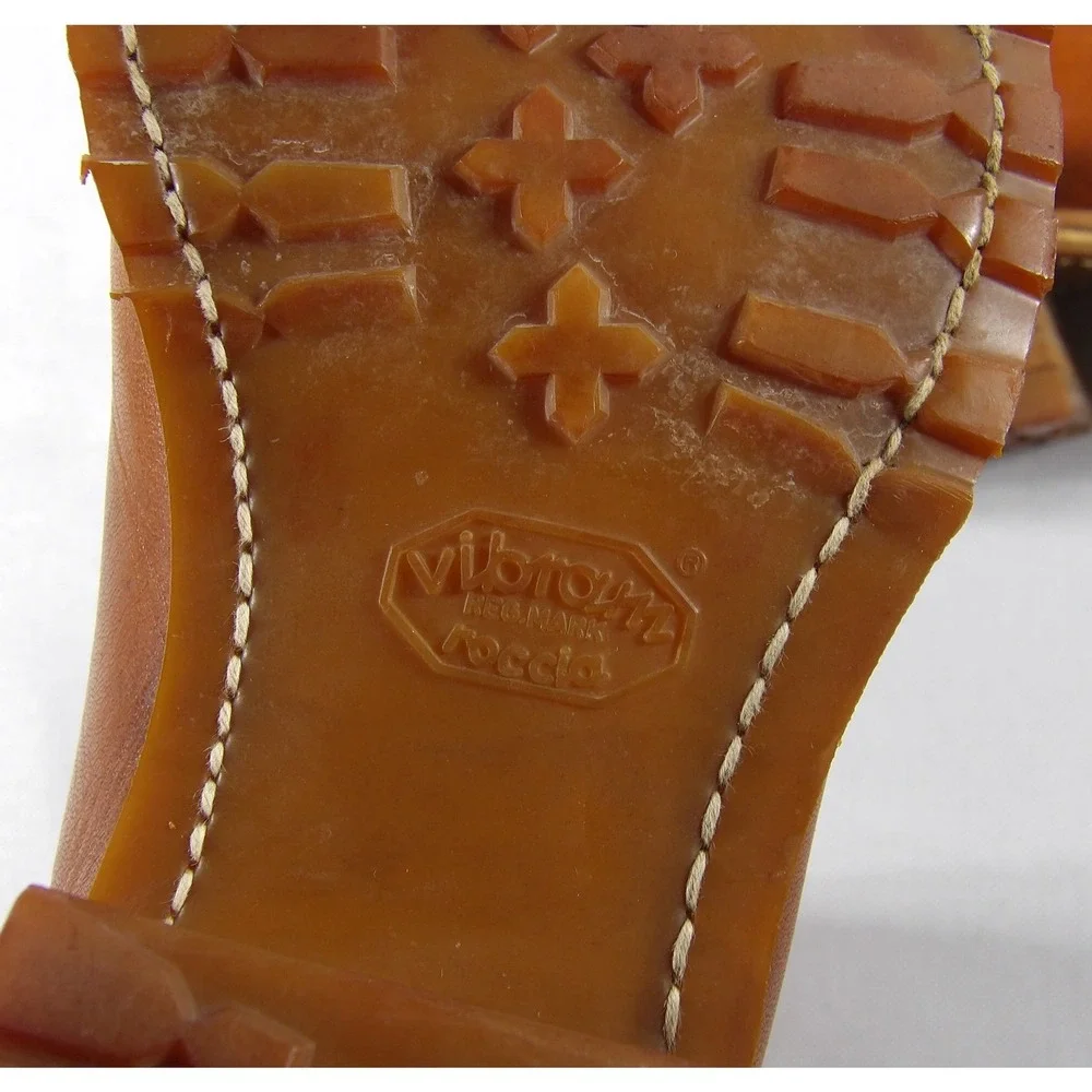 Vintage Tall Leather Pull On Boots Mens 8.5 Tan Good Vibram Lug Sole Work Moto